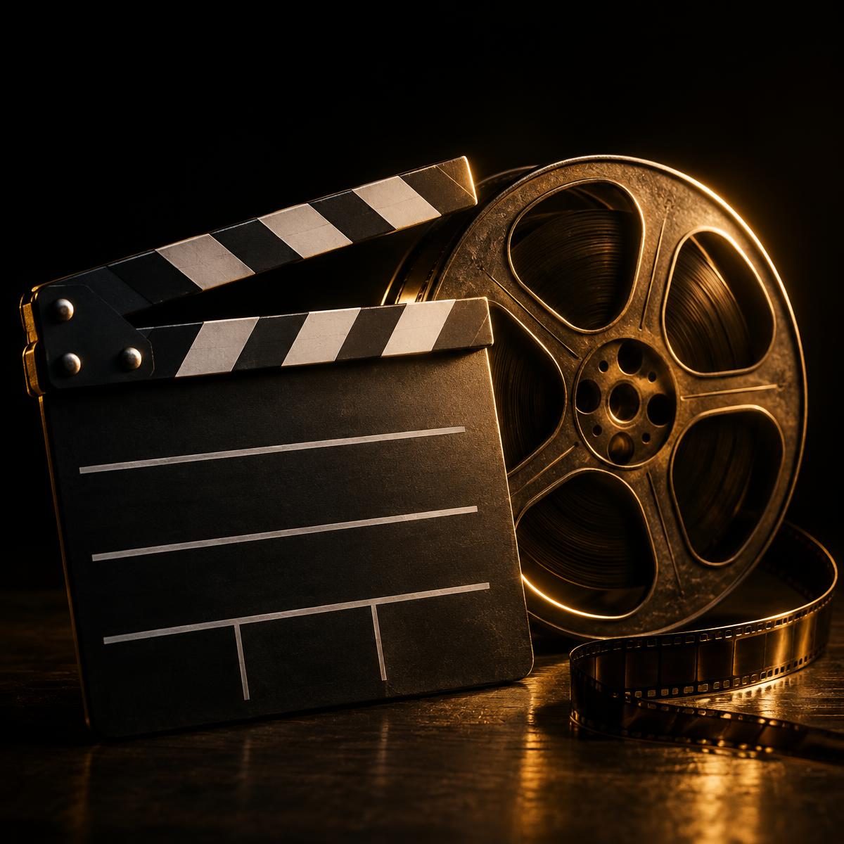 Claquete e rolo de filme sob luz dourada
