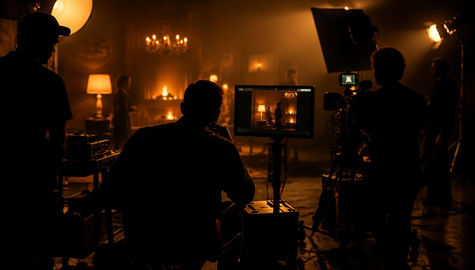 Equipe de filmagem trabalhando em um set iluminado por luz quente